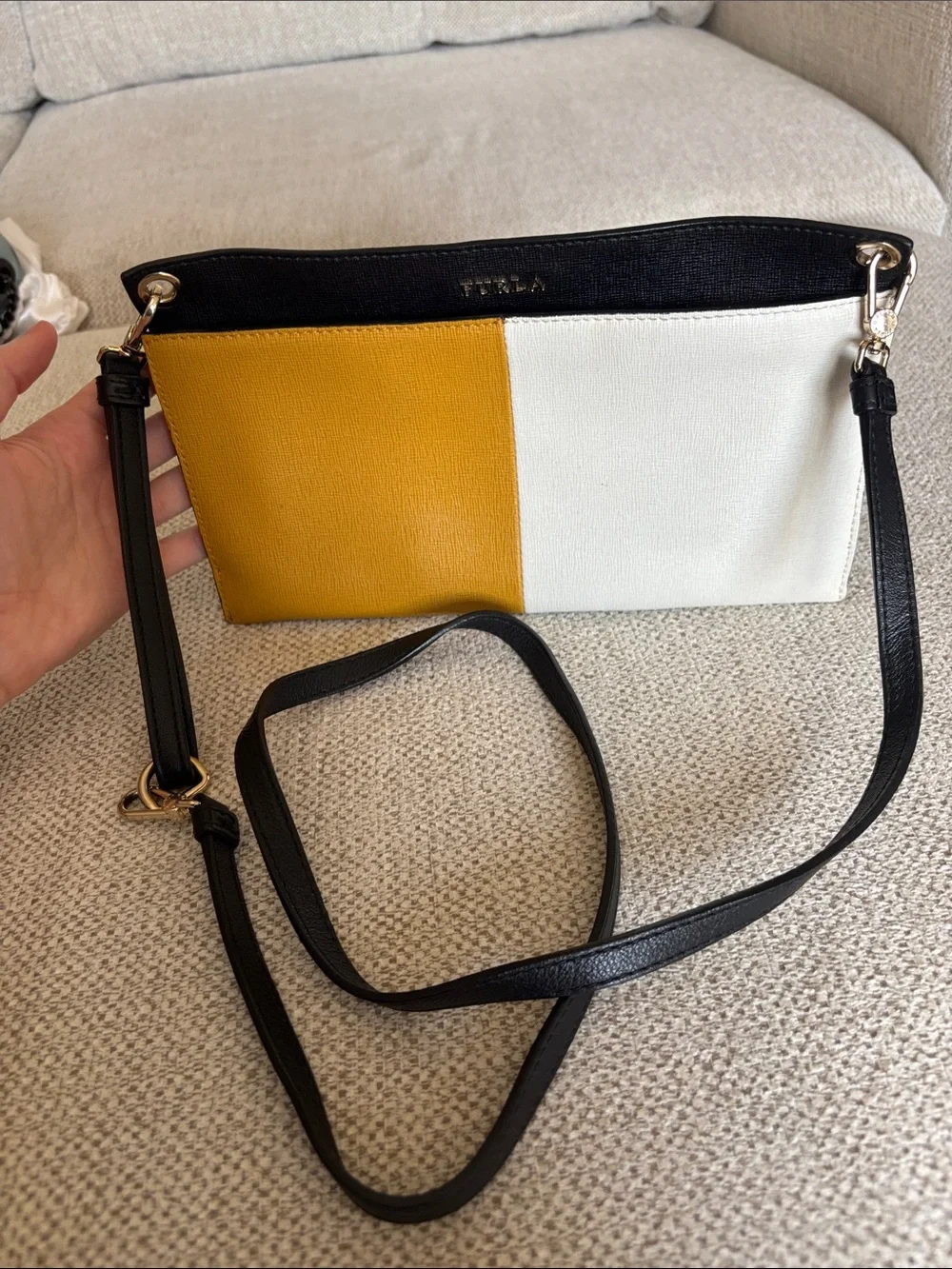 Furla Two-Tone Mustard, Black, and White Leather Shoulder Bag
